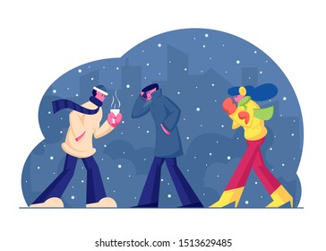 People in Warm Clothes Walking on Street in Cold Weather with Snow and Wind on Cityscape Background. Man Carry Hot Drink, Woman Wrapping to Jacket. Wintertime Season. Cartoon Flat Vector Illustration