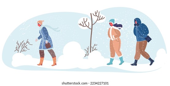 People in warm seasonal outwear walking in winter park vector. Cold frost weather illustration. Male and female character and snowy wintertime cartoon style