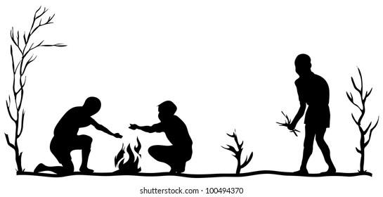 People warm themselves by the fire. Vector illustration.