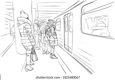 People in warm winter clothes, coats and hats are standing on metro platform waiting for train open doors. City sketch vector drawing, Hand drawn linear illustration black on white. 