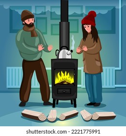 People are warmed by a wood burning stove.