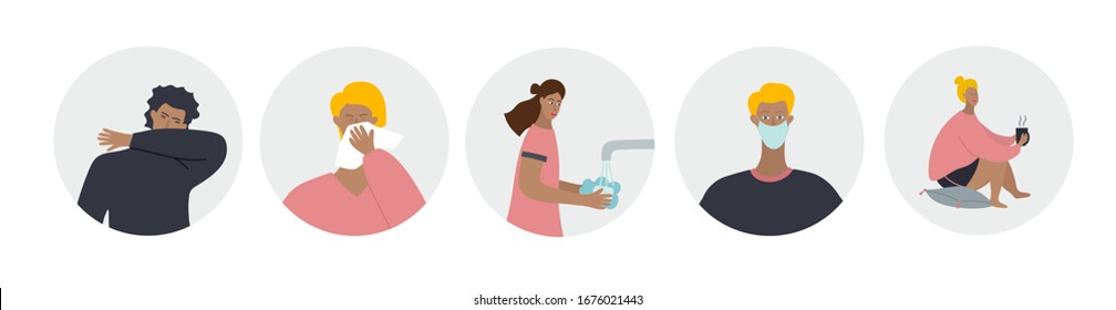 People wash hands, wear medical face mask, stay home, sneeze, cough. Coronavirus covid-19 epidemic or pandemic vector illustration. Simple flat character cartoon style clip art quarantine instruction.