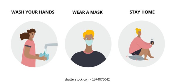 People wash hands, wearing medical face mask, stay home. Coronavirus (COVID-19) epidemic or pandemic concept vector illustration. Simple flat character cartoon style clip art quarantine instruction.