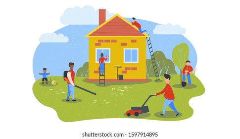 People wash and repair private house. Yard cleaning. Preparing home for sale. Spring cleaning. Painting walls. Cleaning team. Vector stock illustration in flat and cartoon style. White background.