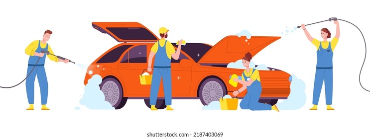 People washing car. Employees cars wash company cleaning dirty vehicle with high pressure water hoses on yard or carwash garage, cartoon auto cleaners, splendid vector illustration of worker wash car