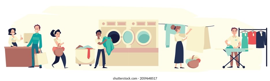 Gente lavando ropa en lavandería, ilustración vectorial plana aislada en fondo blanco. Cartel de autoservicio de lavandería con gente usando lavadora.