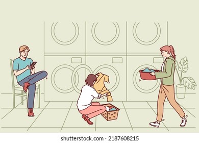 People washing clothes in public laundry. Men and women clean clothing in laundromat. Vector illustration. 