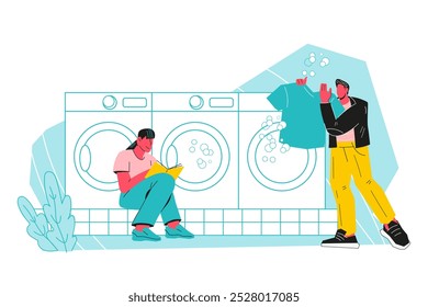 Personas lavando y secando la ropa en una lavandería de autoservicio, Ilustración vectorial plana de dibujos animados aislada sobre fondo blanco. Personas lavando la ropa.