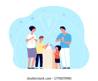 People Washing Hands. Child Hygiene, Family Cleaning Hand With Water, Soap Or Sanitizer. Germs Or Coronavirus Prevention Vector Illustration