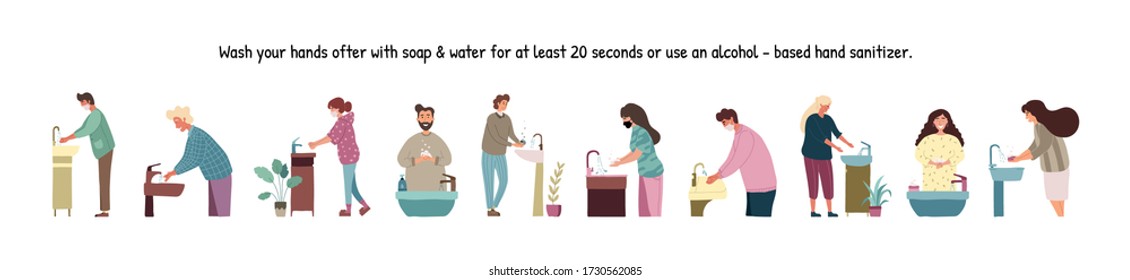 People are washing hands. Perspective of women and men standing at the wash basin. Clean hands. Daily Personal Care. Covid-19 prevention. Vector illustration in flat cartoon style.