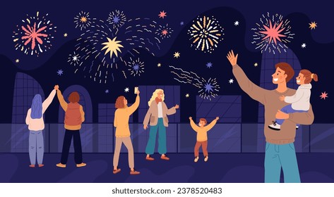 People watch city fireworks. Night festive street. Citizens rejoice in pyrotechnic explosions. Holiday celebration. Parents and kids looking at sky light bursts. Garish