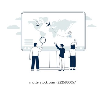 People watch flight of plane in online service. Logistic tracking app, parcels international delivery. World travel and air transportation vector scene