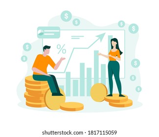 People watch stock exchange rise in stocks concept. Male and female characters look at growing flat quarterly cash flow charts marketing success and vector wealth.