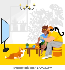 people watch TV. vector image of a man and a woman in the interior. people and Pets