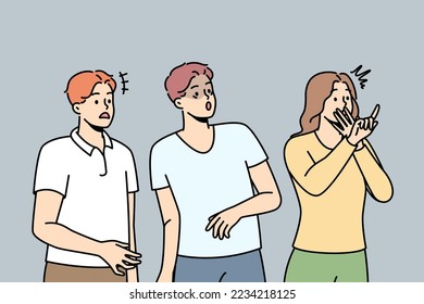 People watch unpleasant event in fear and excitement. Men, woman look at someone, disapproving, empathizing, trying to prevent what is happening. Vector line art multicolored illustration.