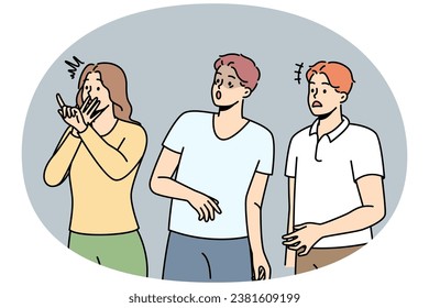 People watch unpleasant event in fear and excitement. Men, woman look at someone, disapproving, empathizing, trying to prevent what is happening. Vector line art multicolored illustration.