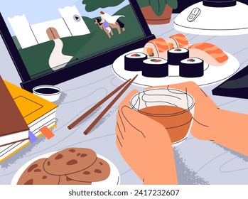 People watch videos, movie by tablet. Character holds cup in hands, drinks tea. Person eating sushi, fish rolls on the table. Lunch break during work. Cozy student workplace. Flat vector illustration svg