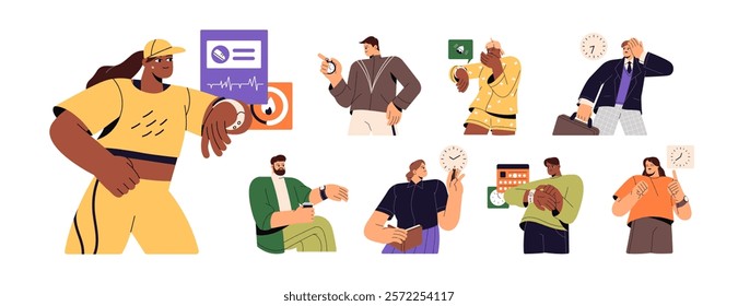 People with watches, timetable, schedule set. Characters late, measure hours, pulse with wristwatch, clock. Time management, organization, planning concept. Flat isolated vector illustrations on white