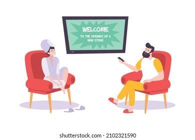 People watching advertising on tv at home flat vector illustration