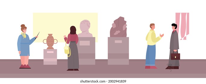People watching art collection of history or archeology museum. Visitors of ancient art and history museum or gallery, cartoon flat vector illustration.