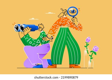 People Watching Binocular And Magnifier.Search Goal. Right Idea And Decisions Quest.Business Team Strategy Vision, Flat Isolated Vector Concept