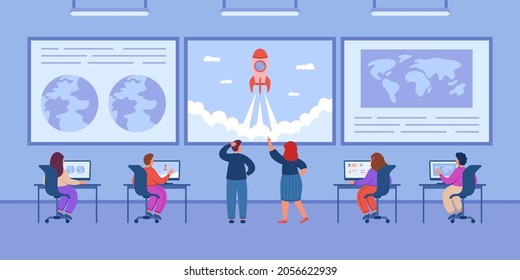 People watching cosmic launch of satellite or ship inside command center. Orbital space flight mission control center room flat vector illustration. Space and surveillance concept