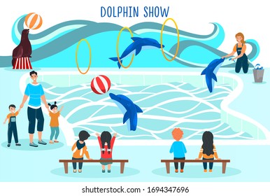 People watching dolphin show, entertainment for family with kids, trained animals performance, vector illustration. Children visit dolphinarium, happy boys and girls cartoon characters, circus pool