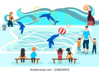 People watching dolphin show, entertainment for family with kids, trained animals performance, vector illustration