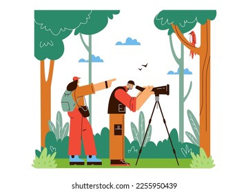 People watching exotic birds in the forest, flat vector illustration. Ornithologists hiking in the woods with telescope observing wild birds and animals.