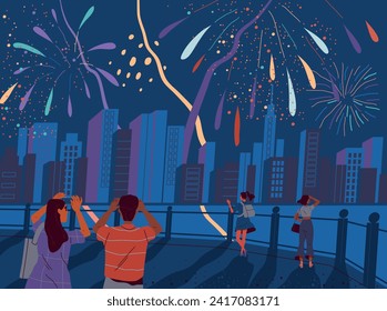 People watching festive fireworks. Happy men and women walk through night city and celebrate summer holiday. Cityscape with bright sparks. Design for postcard. Cartoon flat vector illustration