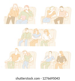 People watching films in movie theatre cinema place vector. Man and woman relaxing eating snacks popcorn from bucket and sitting in comfortable seats entertaining with stories shown on screen