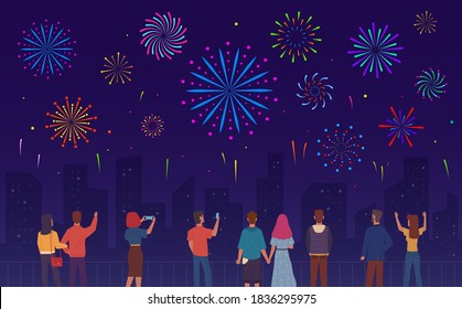 People watching fireworks. Crowd of men, women happy watch pyrotechnics show in night city landscape, urban festive evening event colorful salute celebration new year party vector cartoon flat concept