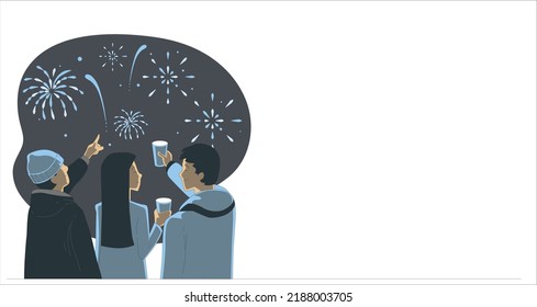 people watching fireworks displaying in dark evening sky and celebrating holiday against city buildings. Festival celebration, pyrotechnics show. Flat cartoon colorful vector illustration.