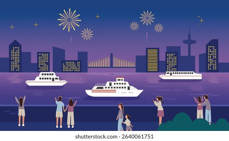 People watching fireworks. New year eve. Fireworks festive. Cityscape at night. City light. Harbor night festive. Cruise. City view across the bridge. 