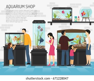 People watching fish in big and small aquariums in pet shop flat vector illustration