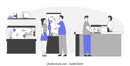 People Watching Fishes Swimming in Big Aquariums in Pet Shop, Couple Choosing Fish for Home. Man Stand at Counter Desk Paying for Purchasing, Zoo Market. Cartoon Flat Vector Illustration, Line Art