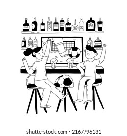 People watching football and celebrating in bar flat black and white vector illustration in doodle style. Sport cartoon fans characters in bar outline drawing.