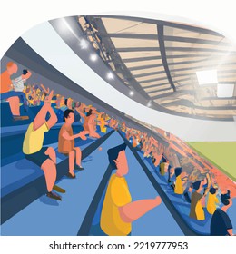 People watching football match in football stadium. İllustration vector cartoon drawing. World Cup Football Match
