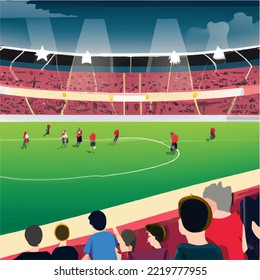 People watching football match in football stadium. İllustration vector cartoon drawing. World Cup Football Match
