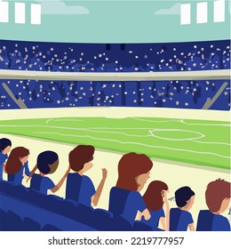 People watching football match in football stadium. İllustration vector cartoon drawing. World Cup Football Match
