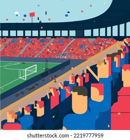 People watching football match in football stadium. İllustration vector cartoon drawing. World Cup Football Match
