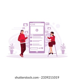 la gente está viendo transmisiones en vivo. Reproductor de video web o medio social en vivo concepto de ilustración vectorial. Transmita videos en línea, juega y mira películas. Ilustración plana vectorial moderna de tendencia