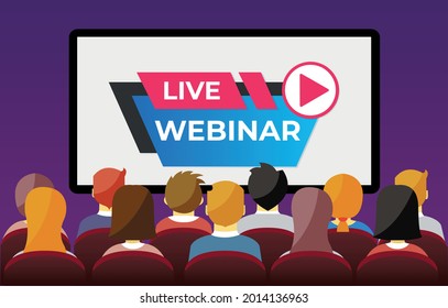 People watching live webinar. Digital network television live stream entertainment media vector video player concept.