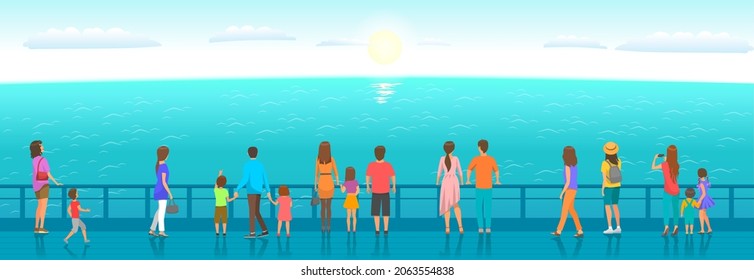 People watching marine scenery. Parents and children stand on pier and admire seascape. Sea view, breeze, seascape in summer. Characters having rest near ocean, summer holiday pastime, recreation