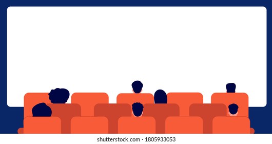 People watching movie. Cinema audience, cartoon person sitting back. Man woman in theater and empty screen, crowd rear vector illustration