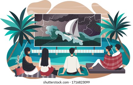 People watching movie in cinema, cartoon characters in 3D glasses, vector illustration. Man and woman with popcorn, friends on premiere together. Modern entertainment, evening leisure recreation night