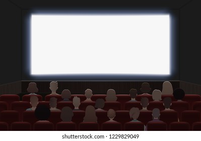 People watching movie at cinema hall interior vector illustration. Back view.