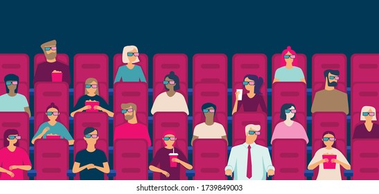 People watching movie in cinema hall eating popcorn wearing  3D glasses.Social distancing concept in public places after covid-19 coronavirus pandemic. Flat vector illustration svg