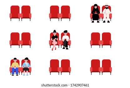 People watching movie in cinema hall. New normal  keep distance. vector Illustration.