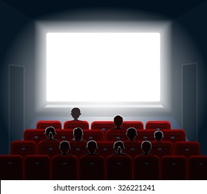 People watching movie at cinema hall. Film screen,  show or concert. Vector illustration.